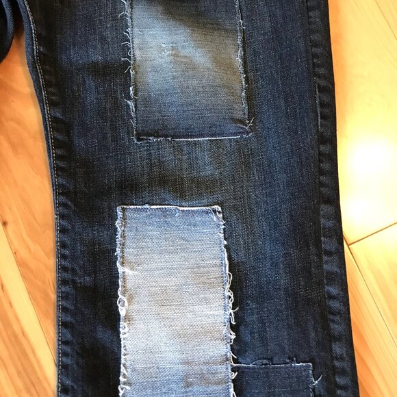 Men’s Patchwork Jeans, 36x32: Upcycled Distressed Denim on Denim, Casual Pants - Picture 6 of 11